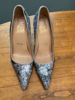 Christian Louboutin Silver Glitter Pointed Toe Pumps Stilettos EU 38 Red Sole